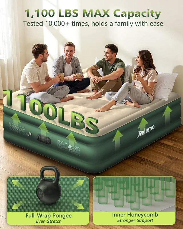 Alt view image 3 of 7 - Air Mattress Queen with Built in Pump, Full-Wrap Pongee Fabric | 18" Raised Air Bed, 1100 lb Capacity, Dual-Side Leak & Puncture Resistant Inflatable Blow Up Mattress for Home Camping Guests