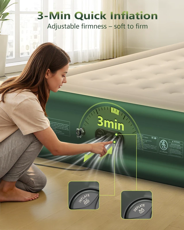 Alt view image 4 of 7 - Air Mattress Queen with Built in Pump, Full-Wrap Pongee Fabric | 18" Raised Air Bed, 1100 lb Capacity, Dual-Side Leak & Puncture Resistant Inflatable Blow Up Mattress for Home Camping Guests