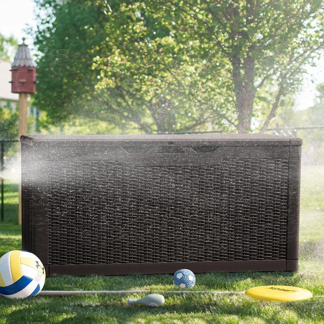 Alt view image 3 of 7 - 100 Gallon Resin Deck Box Large Outdoor Storage, Imitation Rattan Weave Texture for Patio Furniture, Garden Tools, Pool Supplies, Weatherproof and UV Resistant, Lockable, Dark Brown
