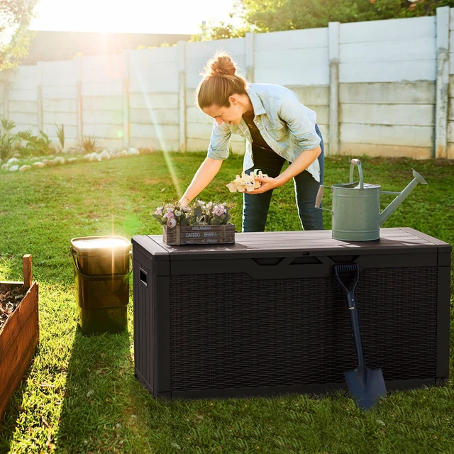 Alt view image 2 of 7 - 100 Gallon Resin Deck Box Large Outdoor Storage, Imitation Rattan Weave Texture for Patio Furniture, Garden Tools, Pool Supplies, Weatherproof and UV Resistant, Lockable, Dark Brown