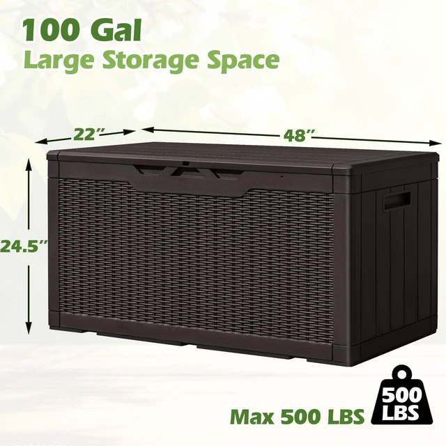 Alt view image 7 of 7 - 100 Gallon Resin Deck Box Large Outdoor Storage, Imitation Rattan Weave Texture for Patio Furniture, Garden Tools, Pool Supplies, Weatherproof and UV Resistant, Lockable, Dark Brown