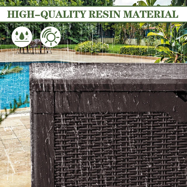Alt view image 5 of 7 - 100 Gallon Resin Deck Box Large Outdoor Storage, Imitation Rattan Weave Texture for Patio Furniture, Garden Tools, Pool Supplies, Weatherproof and UV Resistant, Lockable, Dark Brown