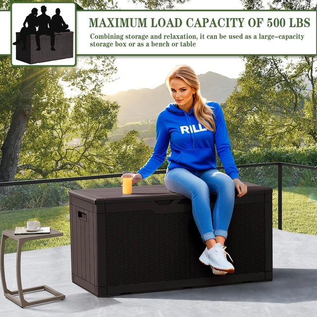 Alt view image 4 of 7 - 100 Gallon Resin Deck Box Large Outdoor Storage, Imitation Rattan Weave Texture for Patio Furniture, Garden Tools, Pool Supplies, Weatherproof and UV Resistant, Lockable, Dark Brown