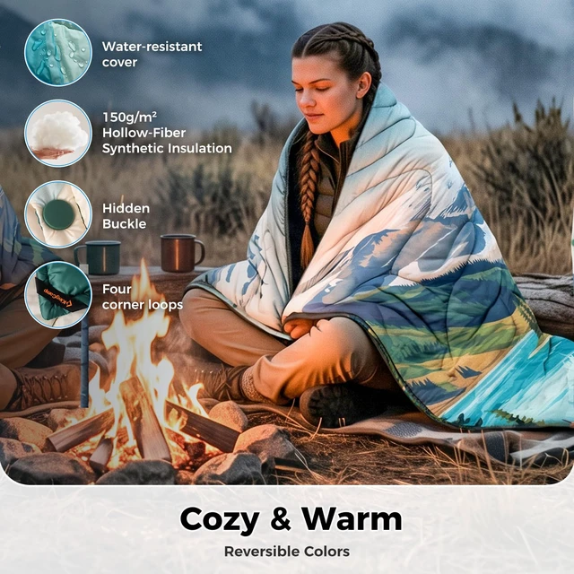 Alt view image 2 of 7 - Ultralight Camping Blanket, Wearable Packable Blanket,79"x57" | Down Alternative Puffy Blankets Weatherproof Warm Package Quilt with Snap Buttons for Outdoor Hiking Travel, Picnic Stadium
