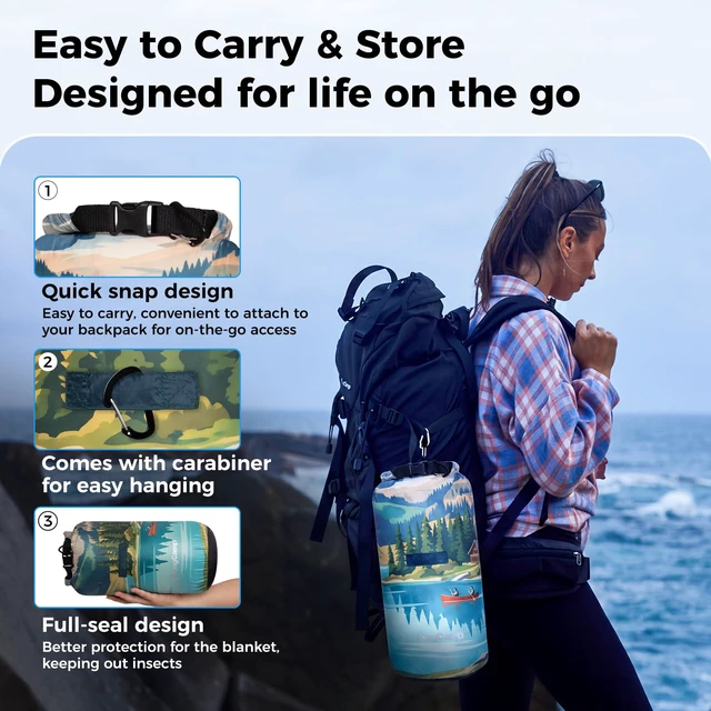 Alt view image 7 of 7 - Ultralight Camping Blanket, Wearable Packable Blanket,79"x57" | Down Alternative Puffy Blankets Weatherproof Warm Package Quilt with Snap Buttons for Outdoor Hiking Travel, Picnic Stadium