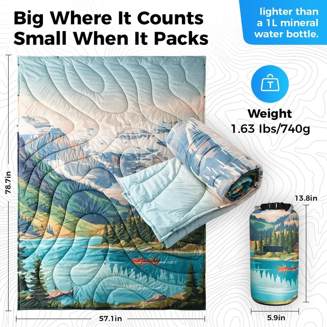 Alt view image 5 of 7 - Ultralight Camping Blanket, Wearable Packable Blanket,79"x57" | Down Alternative Puffy Blankets Weatherproof Warm Package Quilt with Snap Buttons for Outdoor Hiking Travel, Picnic Stadium