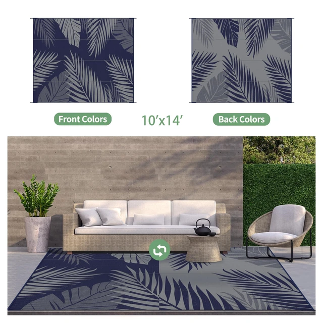 Alt view image 2 of 7 - Outdoor Rug, Waterproof Plastic Rugs 10'x14' for Camping Blue Grey | Outside Large Leaf Carpet Mat for Porch Decor, Deck, Camping, RV, Backyard, Balcony, Picnic, Beach, Reversible, Foldable