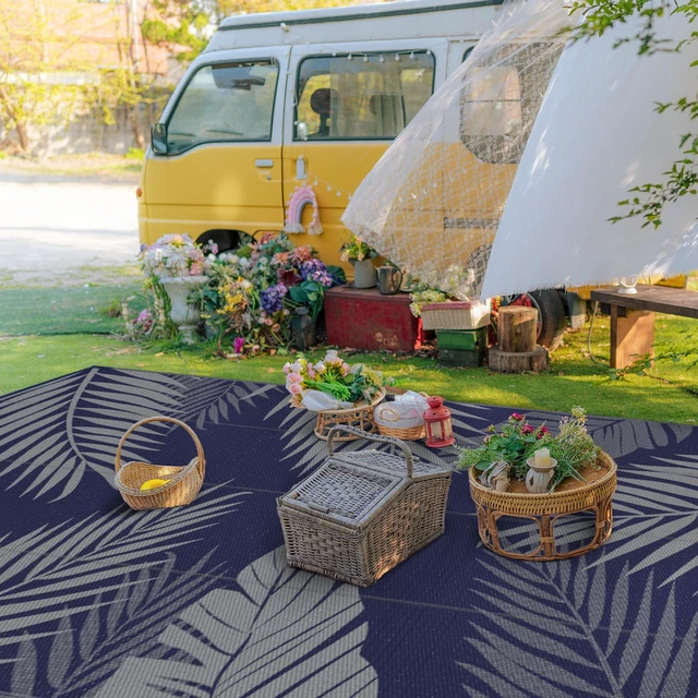 Alt view image 3 of 7 - Outdoor Rug, Waterproof Plastic Rugs 10'x14' for Camping Blue Grey | Outside Large Leaf Carpet Mat for Porch Decor, Deck, Camping, RV, Backyard, Balcony, Picnic, Beach, Reversible, Foldable