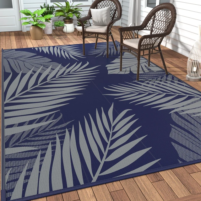 Main image of Outdoor Rug, Waterproof Plastic Rugs 10'x14' for Camping Blue Grey | Outside Large Leaf Carpet Mat for Porch Decor, Deck, Camping, RV, Backyard, Balcony, Picnic, Beach, Reversible, Foldable