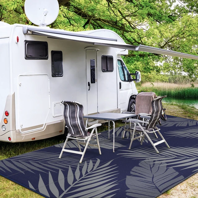 Alt view image 5 of 7 - Outdoor Rug, Waterproof Plastic Rugs 10'x14' for Camping Blue Grey | Outside Large Leaf Carpet Mat for Porch Decor, Deck, Camping, RV, Backyard, Balcony, Picnic, Beach, Reversible, Foldable