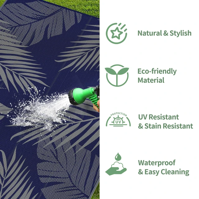 Alt view image 6 of 7 - Outdoor Rug, Waterproof Plastic Rugs 10'x14' for Camping Blue Grey | Outside Large Leaf Carpet Mat for Porch Decor, Deck, Camping, RV, Backyard, Balcony, Picnic, Beach, Reversible, Foldable