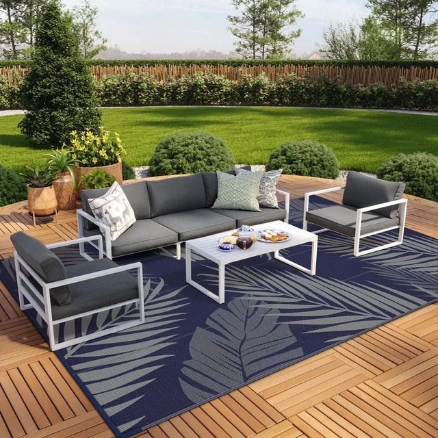 Alt view image 4 of 7 - Outdoor Rug, Waterproof Plastic Rugs 10'x14' for Camping Blue Grey | Outside Large Leaf Carpet Mat for Porch Decor, Deck, Camping, RV, Backyard, Balcony, Picnic, Beach, Reversible, Foldable