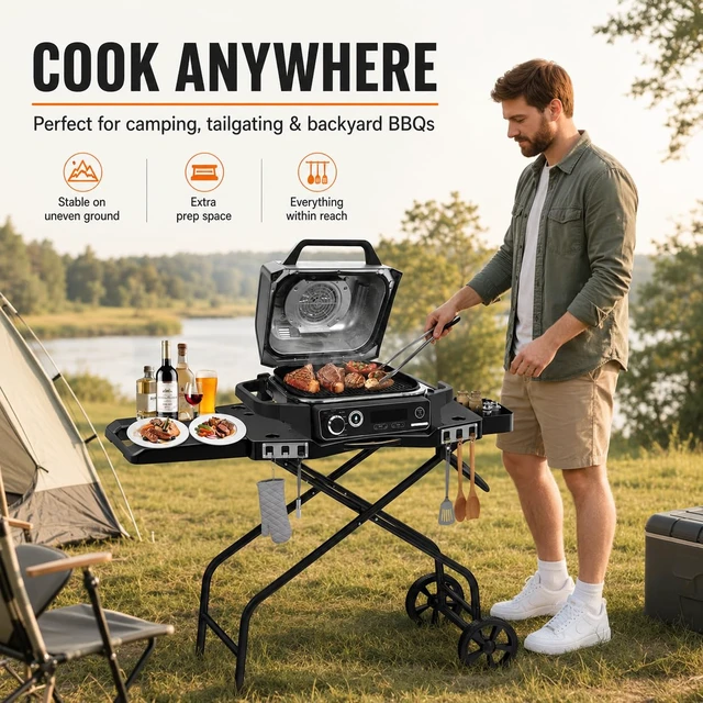 Alt view image 2 of 7 - Foldable Grill Table Stand for Ninja Woodfire Grill, Blackstone 22" | Portable Camping Table for Ninja Woodfire OG700,OG701,OG705,OG750,OG751,OO101,with 2 Wheels,Side Table&Storage Basket