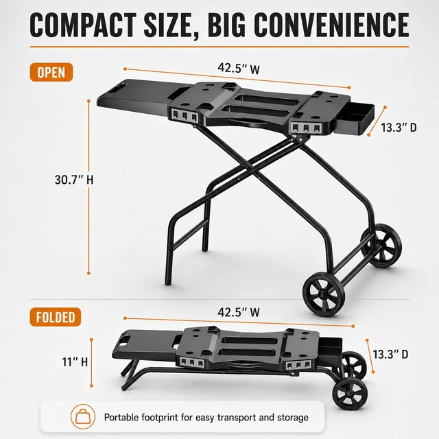 Alt view image 3 of 7 - Foldable Grill Table Stand for Ninja Woodfire Grill, Blackstone 22" | Portable Camping Table for Ninja Woodfire OG700,OG701,OG705,OG750,OG751,OO101,with 2 Wheels,Side Table&Storage Basket