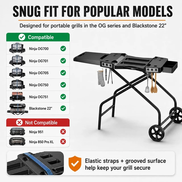 Alt view image 4 of 7 - Foldable Grill Table Stand for Ninja Woodfire Grill, Blackstone 22" | Portable Camping Table for Ninja Woodfire OG700,OG701,OG705,OG750,OG751,OO101,with 2 Wheels,Side Table&Storage Basket