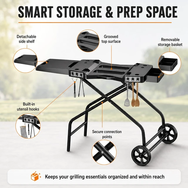 Alt view image 5 of 7 - Foldable Grill Table Stand for Ninja Woodfire Grill, Blackstone 22" | Portable Camping Table for Ninja Woodfire OG700,OG701,OG705,OG750,OG751,OO101,with 2 Wheels,Side Table&Storage Basket