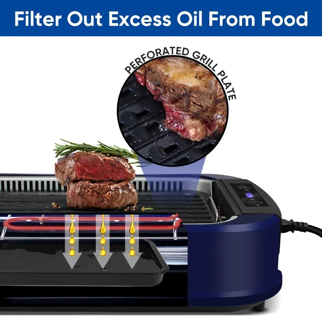 Alt view image 5 of 7 - Indoor Grill Electric Smokeless Grill Portable Korean BBQ, Blue | with Turbo Smoke Extractor Technology, Adjustable Temperature, Non-stick Removable Plate, Tempered Glass Lid, Great for Party