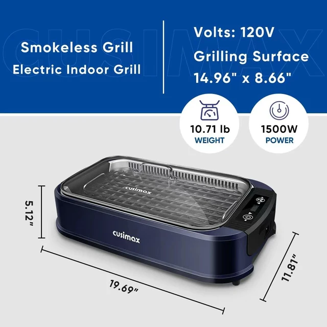 Alt view image 6 of 7 - Indoor Grill Electric Smokeless Grill Portable Korean BBQ, Blue | with Turbo Smoke Extractor Technology, Adjustable Temperature, Non-stick Removable Plate, Tempered Glass Lid, Great for Party
