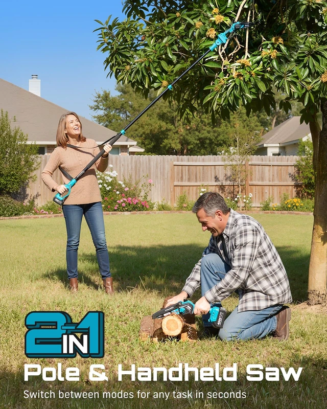 Alt view image 2 of 7 - 2-in-1 Electric Pole Saws for Tree Trimming, Brushless Motor | 2 x 4000mAh Batteries,Hand Held Mini Chainsaw Cordless 6 Inch with Extension Pole for Tree Limb Branch Cutter