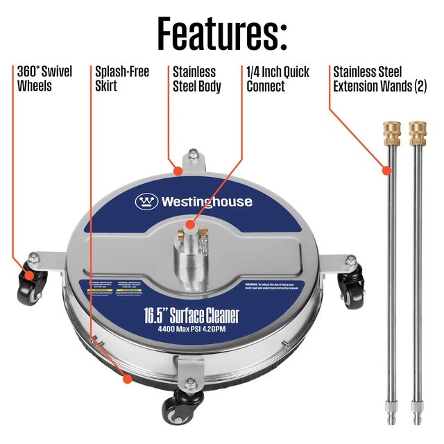 Alt view image 4 of 7 - Universal 16.5 Pressure Washer Surface Cleaner Attachment - Stainless Steel - 4400 Max PSI, 1/4 Connector - for Gas and Electric Pressure Washers