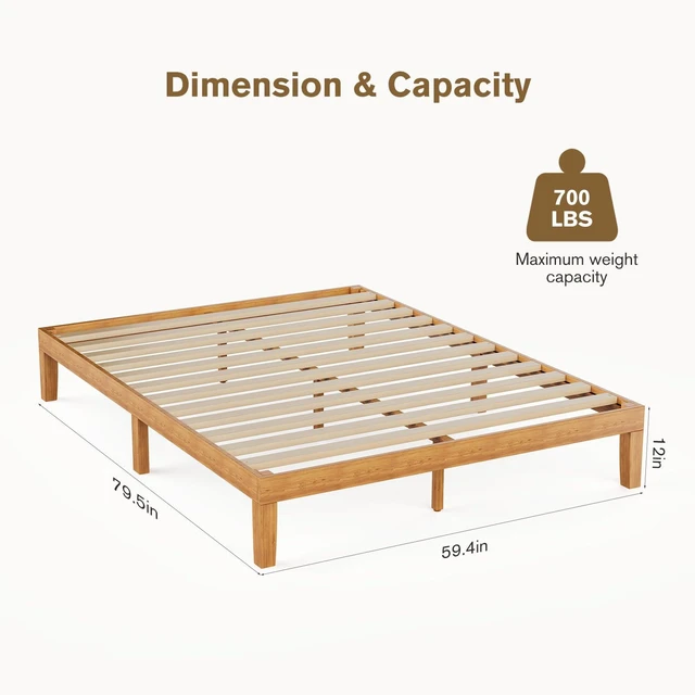 Alt view image 2 of 7 - Queen Size Bed Frames, 12 Inch Height Wood Platform Bed Frame | Queen Size Bed Frame 12 Inch Platform Bedframe, 500 Lbs Capacity, Underbed Storage, No Box Spring Needed, Honey solid wood