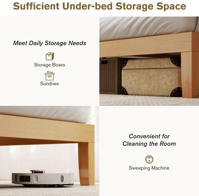 Alt view image 3 of 7 - Queen Size Bed Frames, 12 Inch Height Wood Platform Bed Frame | Queen Size Bed Frame 12 Inch Platform Bedframe, 500 Lbs Capacity, Underbed Storage, No Box Spring Needed, Honey solid wood