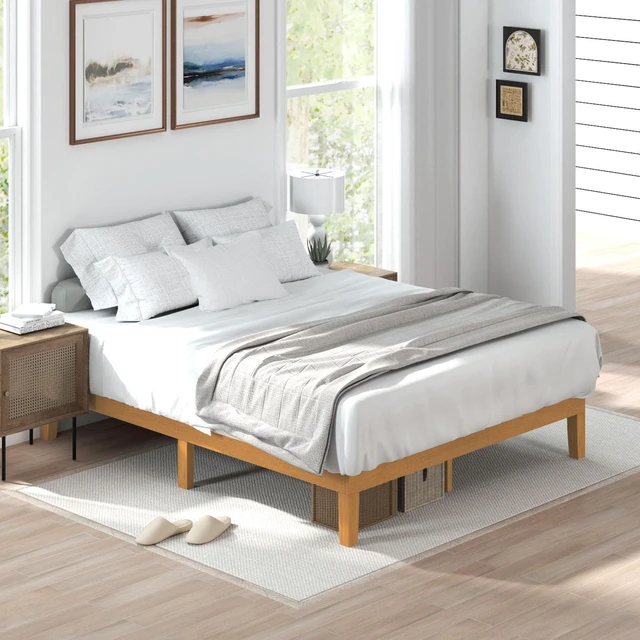 Alt view image 5 of 7 - Queen Size Bed Frames, 12 Inch Height Wood Platform Bed Frame | Queen Size Bed Frame 12 Inch Platform Bedframe, 500 Lbs Capacity, Underbed Storage, No Box Spring Needed, Honey solid wood