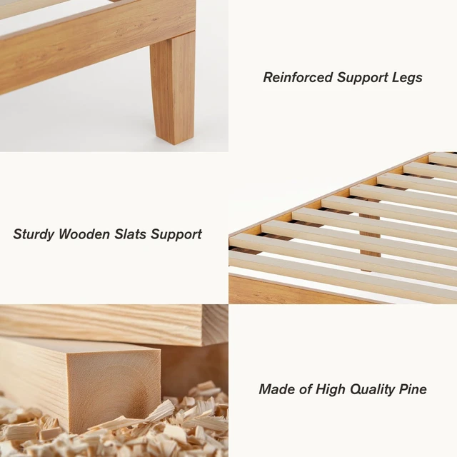 Alt view image 4 of 7 - Queen Size Bed Frames, 12 Inch Height Wood Platform Bed Frame | Queen Size Bed Frame 12 Inch Platform Bedframe, 500 Lbs Capacity, Underbed Storage, No Box Spring Needed, Honey solid wood