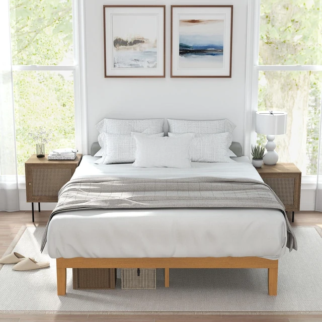 Alt view image 7 of 7 - Queen Size Bed Frames, 12 Inch Height Wood Platform Bed Frame | Queen Size Bed Frame 12 Inch Platform Bedframe, 500 Lbs Capacity, Underbed Storage, No Box Spring Needed, Honey solid wood