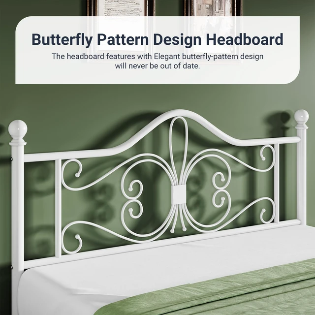 Alt view image 2 of 7 - Metal Twin Platform Bed Frame, Butterfly Pattern Design, White | Wrought Iron-Art Headboard & Footboard, Under Bed Storage, No Box Spring Needed, Easy Assembly