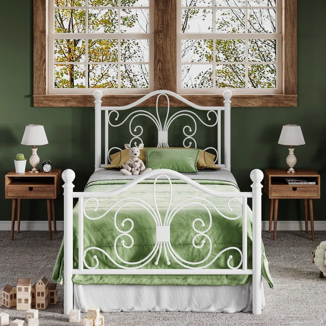 Main image of Metal Twin Platform Bed Frame, Butterfly Pattern Design, White | Wrought Iron-Art Headboard & Footboard, Under Bed Storage, No Box Spring Needed, Easy Assembly