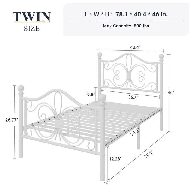 Alt view image 6 of 7 - Metal Twin Platform Bed Frame, Butterfly Pattern Design, White | Wrought Iron-Art Headboard & Footboard, Under Bed Storage, No Box Spring Needed, Easy Assembly