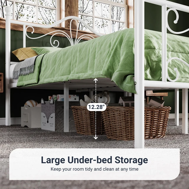 Alt view image 3 of 7 - Metal Twin Platform Bed Frame, Butterfly Pattern Design, White | Wrought Iron-Art Headboard & Footboard, Under Bed Storage, No Box Spring Needed, Easy Assembly