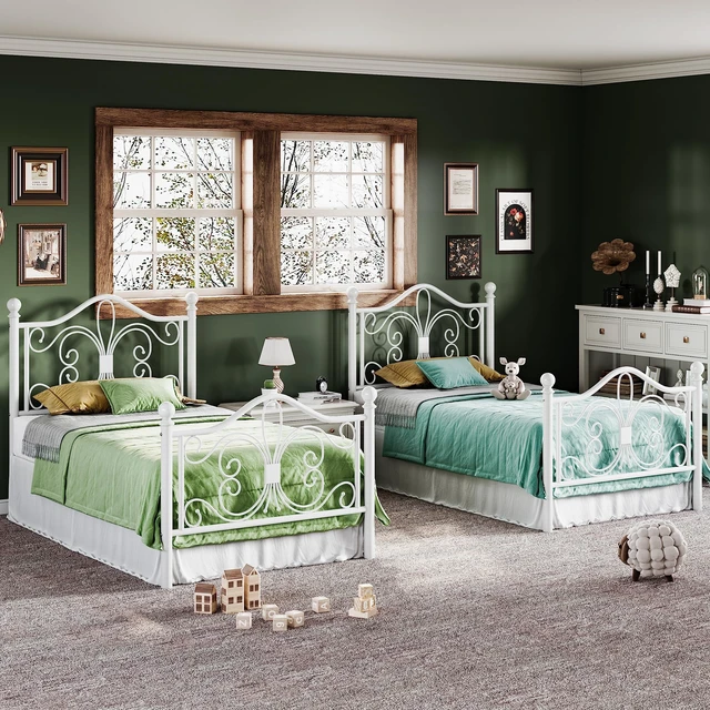 Alt view image 5 of 7 - Metal Twin Platform Bed Frame, Butterfly Pattern Design, White | Wrought Iron-Art Headboard & Footboard, Under Bed Storage, No Box Spring Needed, Easy Assembly