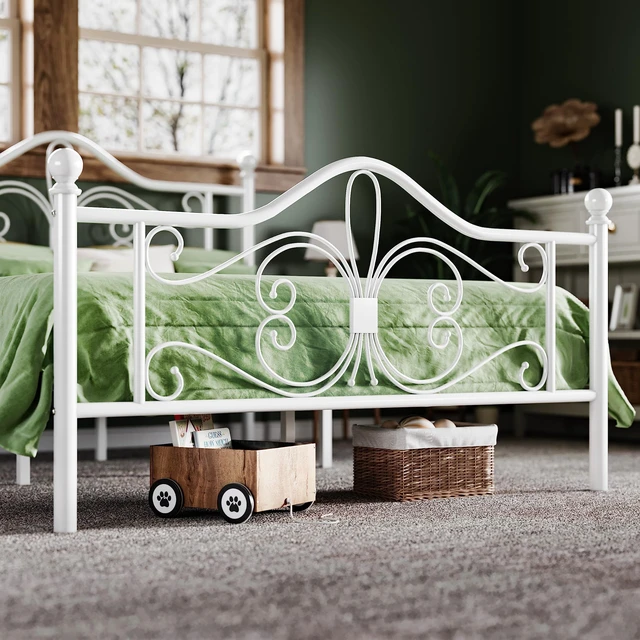 Alt view image 7 of 7 - Metal Twin Platform Bed Frame, Butterfly Pattern Design, White | Wrought Iron-Art Headboard & Footboard, Under Bed Storage, No Box Spring Needed, Easy Assembly