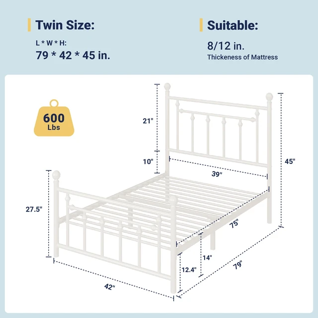 Alt view image 2 of 7 - 14'' Twin Size Metal Platform Bed Frame, Vintage Headboard, White | 45'' Tall Victorian Headboard/Footboard/Mattress Foundation/Under Bed Storage/No Box Spring Needed/Easy Assembly/Noise Free