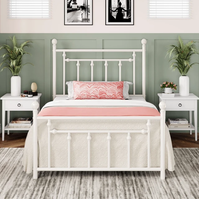 Main image of 14'' Twin Size Metal Platform Bed Frame, Vintage Headboard, White | 45'' Tall Victorian Headboard/Footboard/Mattress Foundation/Under Bed Storage/No Box Spring Needed/Easy Assembly/Noise Free