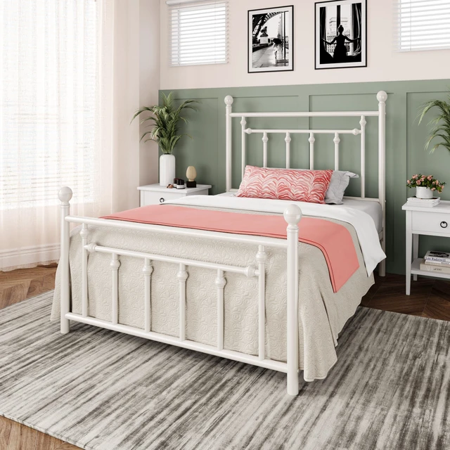 Alt view image 3 of 7 - 14'' Twin Size Metal Platform Bed Frame, Vintage Headboard, White | 45'' Tall Victorian Headboard/Footboard/Mattress Foundation/Under Bed Storage/No Box Spring Needed/Easy Assembly/Noise Free