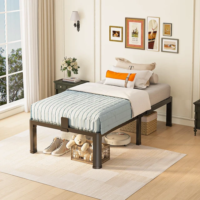 Alt view image 2 of 6 - 14 inch Twin XL Bed Frame with Round Corner Legs Mattress Slide Stopper,3500 lbs Heavy Duty Metal Platform,No Box Spring Needed,Easy Assembly,Noise Free