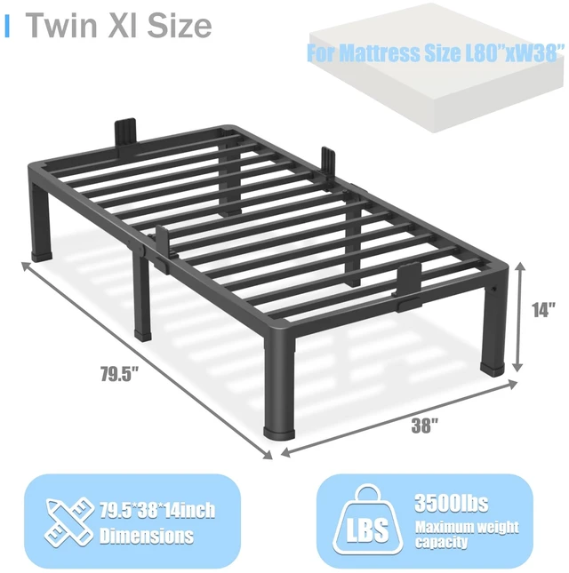 Alt view image 3 of 6 - 14 inch Twin XL Bed Frame with Round Corner Legs Mattress Slide Stopper,3500 lbs Heavy Duty Metal Platform,No Box Spring Needed,Easy Assembly,Noise Free