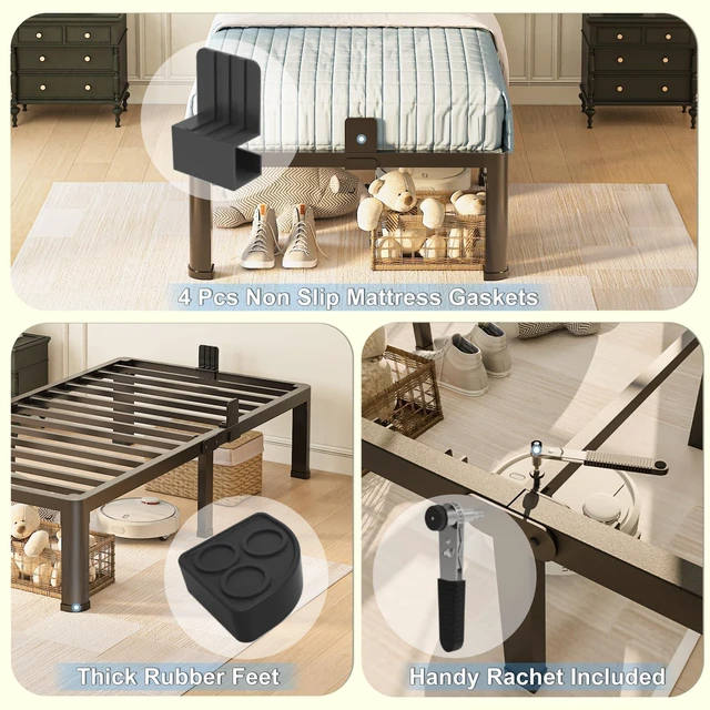 Alt view image 5 of 6 - 14 inch Twin XL Bed Frame with Round Corner Legs Mattress Slide Stopper,3500 lbs Heavy Duty Metal Platform,No Box Spring Needed,Easy Assembly,Noise Free