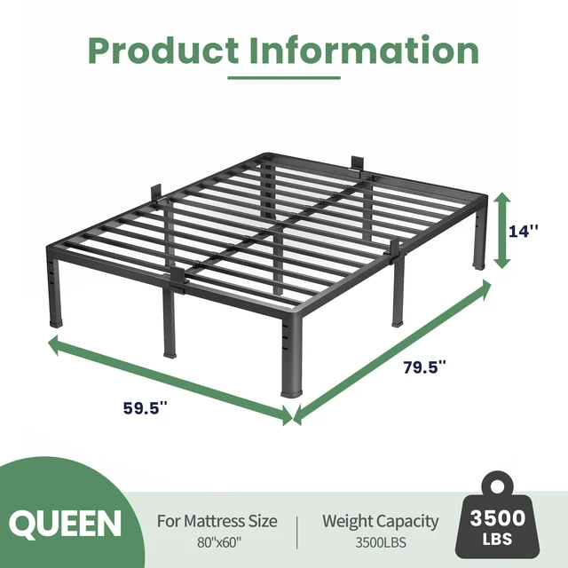 Alt view image 3 of 7 - 14 Inch Queen Size Metal Platform Bed Frame with Round Corner Legs | Noise Free, Easy Assembly, Heavy Duty 3500LBS Load Capacity, No Box Spring Needed, 4 Mattress Stoppers, Under-Bed Storage