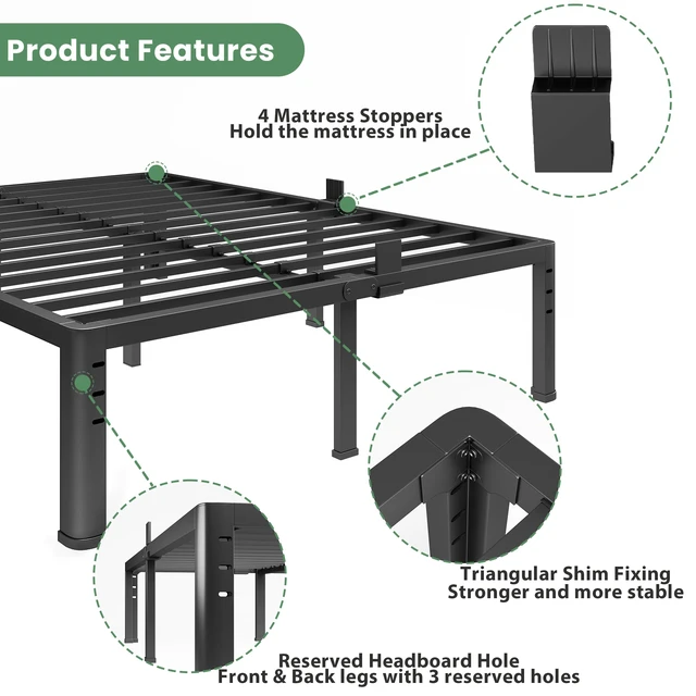 Alt view image 4 of 7 - 14 Inch Queen Size Metal Platform Bed Frame with Round Corner Legs | Noise Free, Easy Assembly, Heavy Duty 3500LBS Load Capacity, No Box Spring Needed, 4 Mattress Stoppers, Under-Bed Storage
