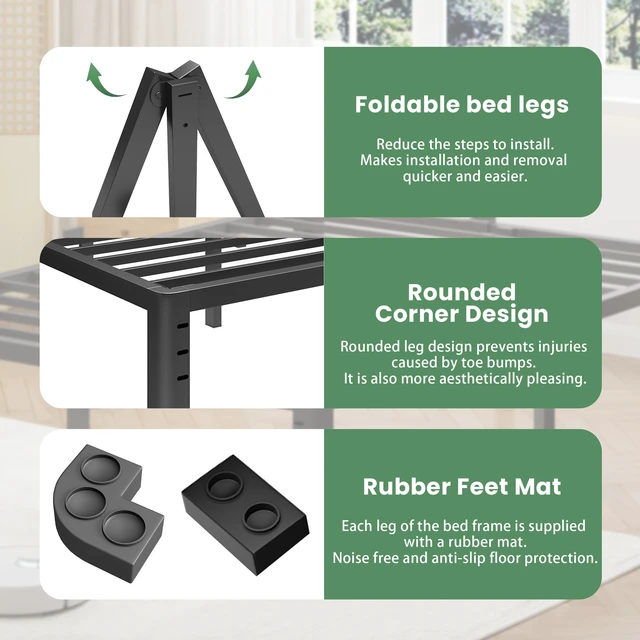 Alt view image 6 of 7 - 14 Inch Queen Size Metal Platform Bed Frame with Round Corner Legs | Noise Free, Easy Assembly, Heavy Duty 3500LBS Load Capacity, No Box Spring Needed, 4 Mattress Stoppers, Under-Bed Storage