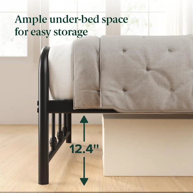 Alt view image 3 of 7 - Leonardo Metal Platform Bed Frame, Victorian Spindle Headboard, Twin | Heavy Duty Bed Base, Ample Underbed Storage Space, Durable Construction, Sleek Minimalist Style, Easy Assembly