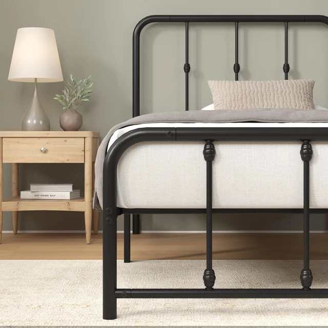Alt view image 5 of 7 - Leonardo Metal Platform Bed Frame, Victorian Spindle Headboard, Twin | Heavy Duty Bed Base, Ample Underbed Storage Space, Durable Construction, Sleek Minimalist Style, Easy Assembly