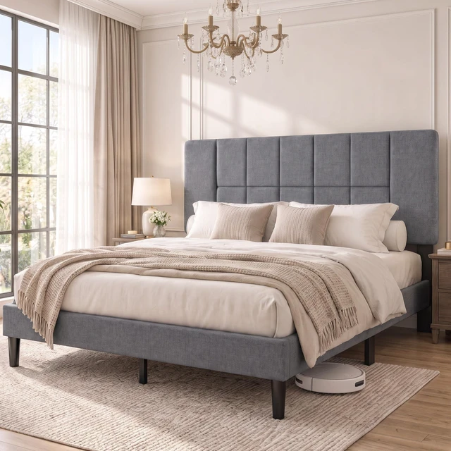 Main image of Queen Size Bed Frame with Headboard, Modern Bed Frame, Gray | Upholstered Queen Platform Bed Frame, Sturdy Bed with 12 Slats & 1300 IBS Capacity, Fits 6"-14" Mattress, Easy Assembly