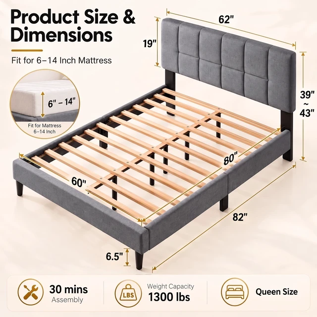 Alt view image 2 of 7 - Queen Size Bed Frame with Headboard, Modern Bed Frame, Gray | Upholstered Queen Platform Bed Frame, Sturdy Bed with 12 Slats & 1300 IBS Capacity, Fits 6"-14" Mattress, Easy Assembly