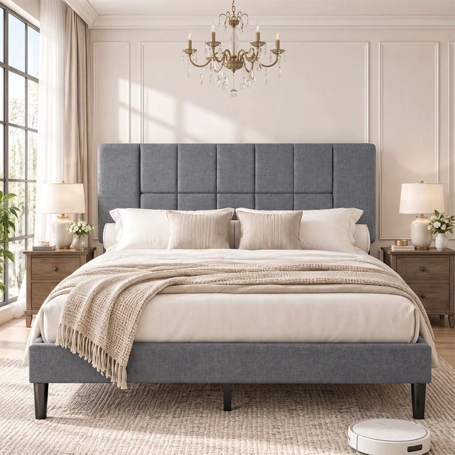 Alt view image 3 of 7 - Queen Size Bed Frame with Headboard, Modern Bed Frame, Gray | Upholstered Queen Platform Bed Frame, Sturdy Bed with 12 Slats & 1300 IBS Capacity, Fits 6"-14" Mattress, Easy Assembly