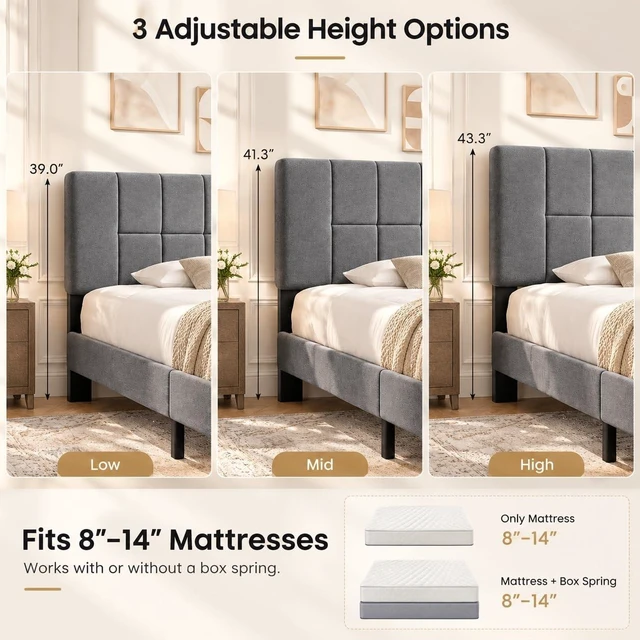 Alt view image 5 of 7 - Queen Size Bed Frame with Headboard, Modern Bed Frame, Gray | Upholstered Queen Platform Bed Frame, Sturdy Bed with 12 Slats & 1300 IBS Capacity, Fits 6"-14" Mattress, Easy Assembly